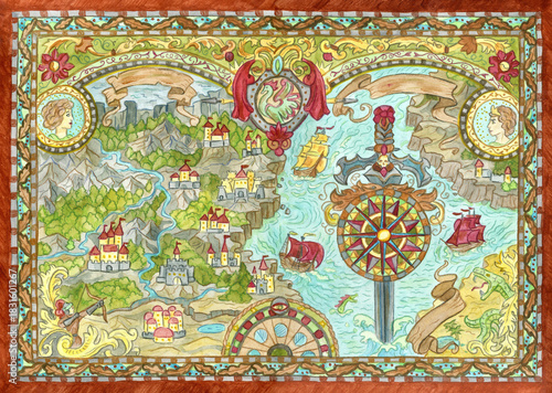 Old watercolor map with unknown land, ships, compass and fantasy creatures in decorative frame with patterns. Pirate adventures, treasure hunt and old transportation concept. Hand drawn illustration.