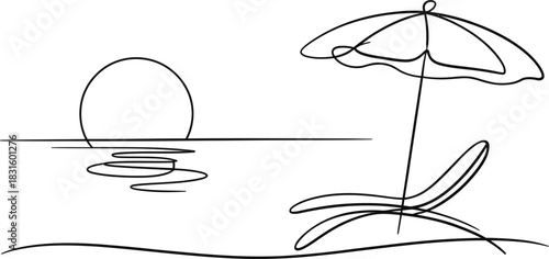 Single line drawing of a beach chair and umbrella at sunset over ocean Vector