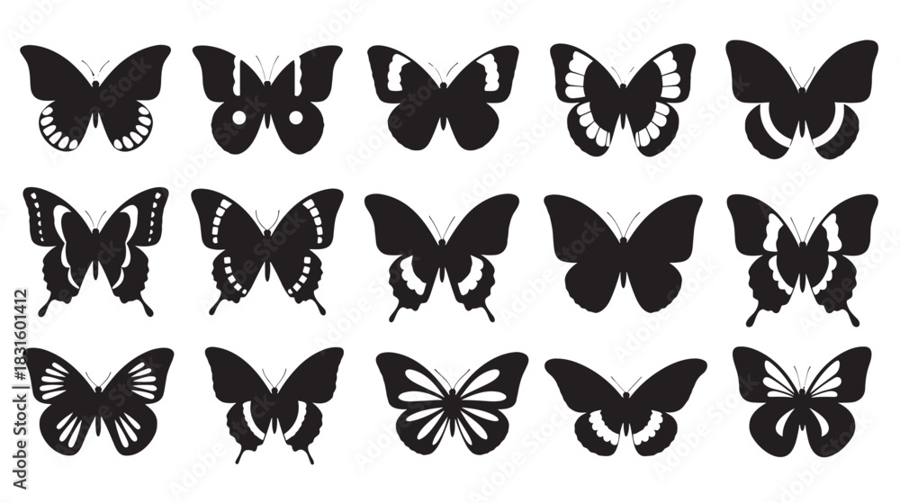 Obraz premium Large set of black butterfly silhouettes with various intricate wing shapes and patterns, displayed as a collection of elegant graphic icons for nature-themed design
