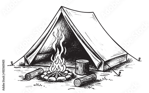 Hand-drawn camping tent and campfire illustration in a vintage sketch style, depicting an outdoor adventure scene with logs and a bonfire for a classic wilderness survival concept