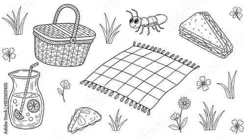 Black and white doodle set of summer picnic elements featuring a wicker basket, checkered blanket, sandwich, lemonade, and a cute cartoon ant in a simple line art illustration