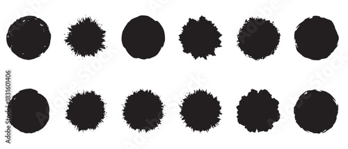 Collection of black grunge circle shapes with textured brush strokes and ink splatter effects, creating a set of distressed round vector elements for graphic design projects