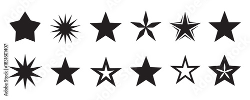 Collection of twelve black star icons in various geometric shapes and styles, including classic five-pointed, starburst, and outline designs for graphic element creation