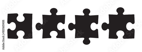 Four black jigsaw puzzle pieces with a hand-drawn style are arranged in a horizontal row, representing concepts of connection, strategy, and problem-solving in a minimalist design