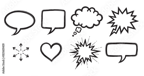 Hand drawn black and white speech bubbles, thought bubbles, and comic book elements collection with a sketchy doodle style for communication, dialogue, and expression concepts