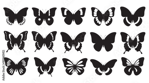 Large set of black butterfly silhouettes with various intricate wing shapes and patterns, displayed as a collection of elegant graphic icons for nature-themed design