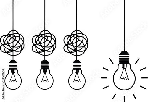 Ideas and solutions symbolized by light bulbs and tangled strings Vector