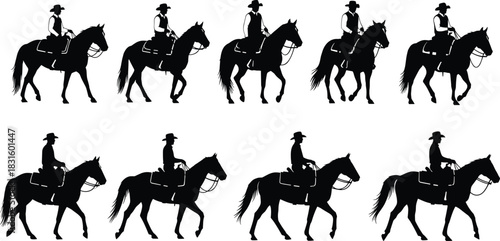 Cowboy riding horse silhouette set in various poses for western culture, adventure, and design, cad drawing flat vector illustration