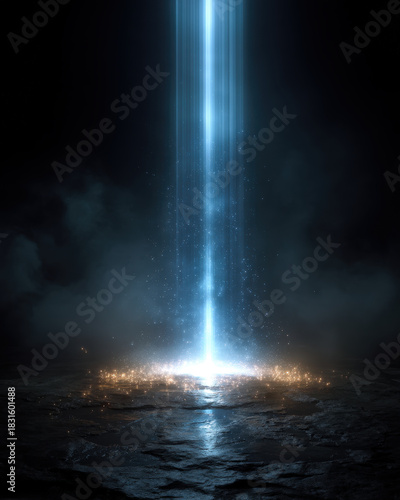 Vertical soft blue light beam with glowing particles on dark background
