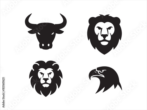 Animal Head Silhouette Set | Bull Bear Lion Eagle Icons