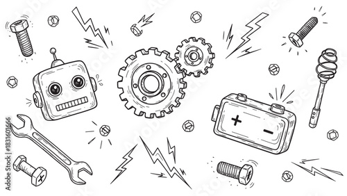 Hand-drawn black and white robot parts collection featuring a cute robot head, gears, battery, and tools in a fun doodle sketch style for engineering concepts