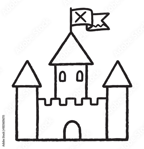 Simple hand-drawn black ink castle doodle with three towers, battlements, and a flag with a cross, rendered in a charming, naive, and minimalist line art style