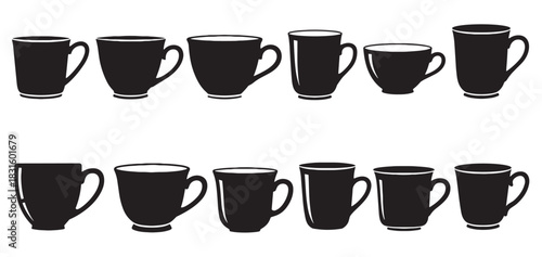 Collection of black coffee cup silhouettes in various shapes and sizes arranged in two rows, presenting a minimalist graphic design illustration for beverage concepts