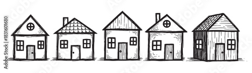 Five hand-drawn black and white houses in a row, a charming doodle-style illustration with simple architectural designs and rustic textures creating a cozy neighborhood concept