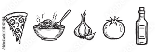 Set of hand-drawn food icons including a pizza slice, steaming pasta bowl, garlic bulb, tomato, and oil bottle in a black and white sketchy doodle style illustration