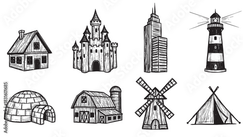 Collection of hand-drawn building icons featuring a house, castle, skyscraper, lighthouse, igloo, barn, windmill, and teepee in a black and white sketch style illustration set