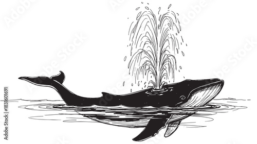 Hand-drawn black and white whale spouting water from its blowhole in a simple sketch style illustration, swimming peacefully in the ocean with its tail fin visible