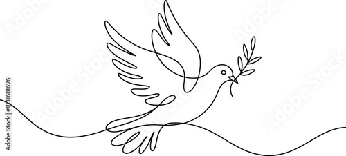 Single line drawing of a dove with olive branch, symbol of peace Vector