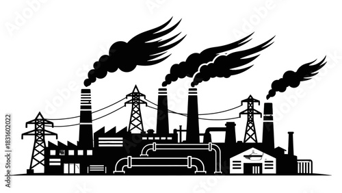Black and white vector illustration of an industrial factory complex with smokestacks emitting pollution.
