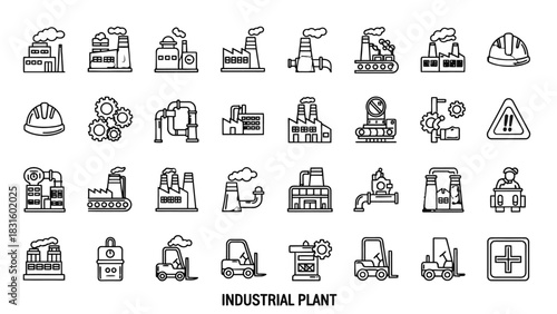 A comprehensive collection of industrial plant icons, featuring factories, machinery, safety equipment, and transportation elements.