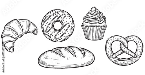 Set of hand-drawn bakery illustrations featuring a croissant, donut, cupcake, loaf of bread, and pretzel in a black and white sketch style with detailed line art