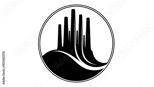 Black and white circular logo featuring stylized skyscrapers and a flowing wave, representing urban development.