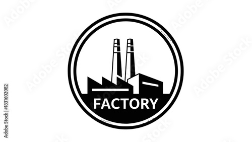 Factory icon with two smokestacks inside a circle, black and white vector illustration.