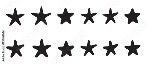 Set of twelve black hand-drawn stars with rounded points arranged in two neat horizontal rows, creating a simple graphic element for rating or decoration