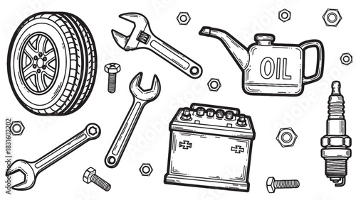 Hand-drawn black and white set of car parts and mechanic tools including a tire, battery, spark plug, wrenches, and oil can in a detailed sketch illustration style