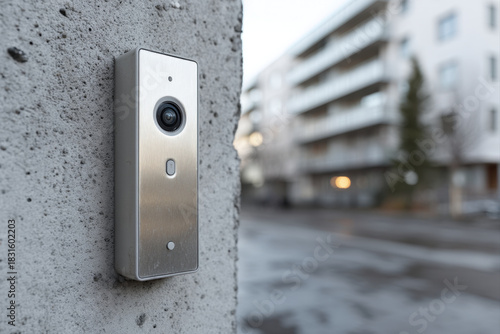 Modern video intercom door station mounted on concrete wall in soft daylight