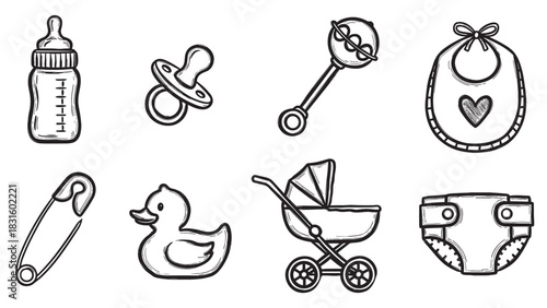 Set of eight hand-drawn baby icons featuring a bottle, pacifier, rattle, bib, safety pin, duck, stroller, and diaper in a charming black and white sketch illustration style