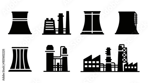 Black and white vector illustration of various industrial buildings and cooling towers.