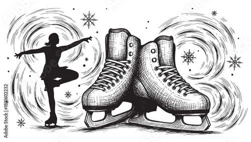 Pair of hand-drawn ice skates and a figure skater silhouette in a dynamic winter composition with snowflakes, rendered in a black and white engraving style