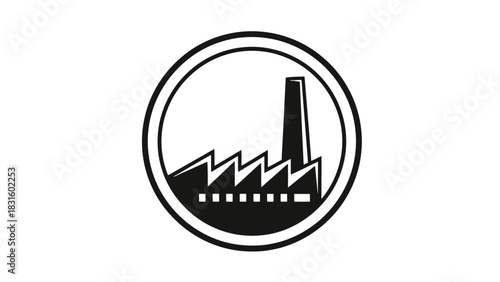 A black and white circular icon representing a factory with a tall smokestack and a row of windows.