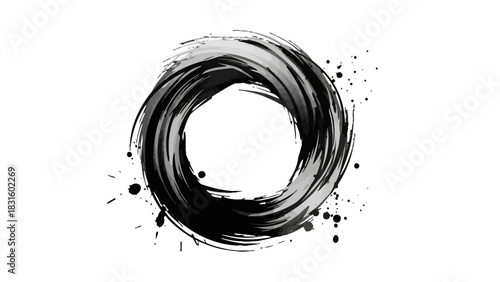 A dynamic black and white abstract circular brush stroke design with ink splatters.