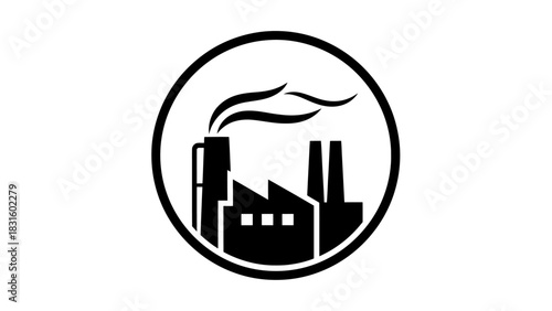 Black and white illustration of a factory inside a circular frame, emitting smoke.