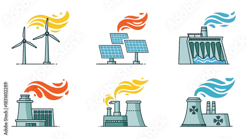 A set of icons illustrating various types of energy production plants, both renewable and non-renewable.