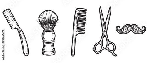 Collection of classic barbershop equipment featuring a straight razor, shaving brush, comb, scissors, and mustache symbol in a detailed black and white line art illustration