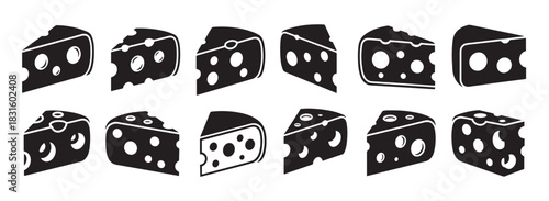 Collection of black cheese wedge icons with holes, presented in a minimalist graphic style showing various angles and perspectives for food and dairy product design elements