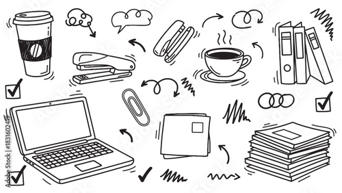 Hand-drawn office and business doodle elements set with a laptop, coffee cups, stapler, and paperwork in a sketchy black and white line art illustration style for creative projects
