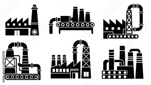 A collection of six black and white industrial factory icons, each depicting different architectural styles and conveyor belt systems.