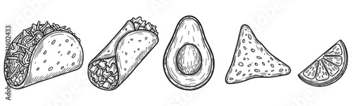 Collection of hand drawn Mexican food including a taco, burrito, avocado, nacho chip, and lime wedge in a detailed vintage black and white engraving illustration style