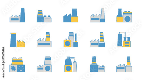 A collection of stylized factory icons in blue and yellow, representing various industrial buildings and plants.
