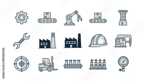 Collection of manufacturing and industry related icons.