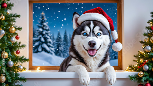 
A cute Siberian Husky wearing a Santa Claus hat on a New Year's background