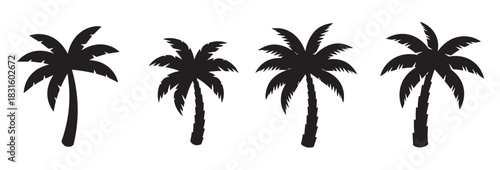 Four black palm tree silhouette vector icons set with different frond and trunk designs, representing a tropical summer vacation, beach paradise, and exotic travel destination