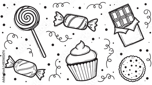 Collection of hand-drawn sweets and candies, including a lollipop, cupcake, chocolate bar, and cookie, depicted in a fun doodle style with confetti for a festive celebration