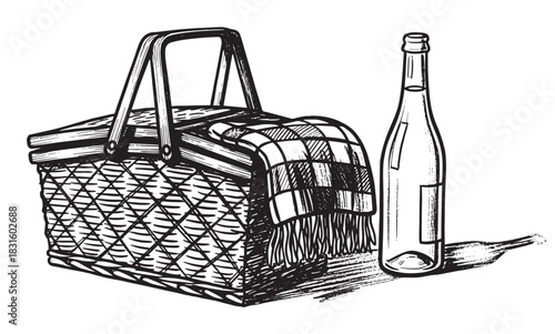 Hand-drawn wicker picnic basket with a checkered blanket and a bottle of wine, illustrated in a classic black and white vintage engraving style for a romantic outing