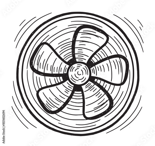 Spinning electric fan with five blades shown in a hand-drawn, black and white sketch style, with graphic lines indicating the propeller's fast rotation and airflow