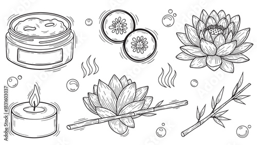 Hand-drawn spa and wellness elements set with a lotus flower, cosmetic cream, candle, bamboo, and cucumber slices in a black and white sketch style for beauty and relaxation